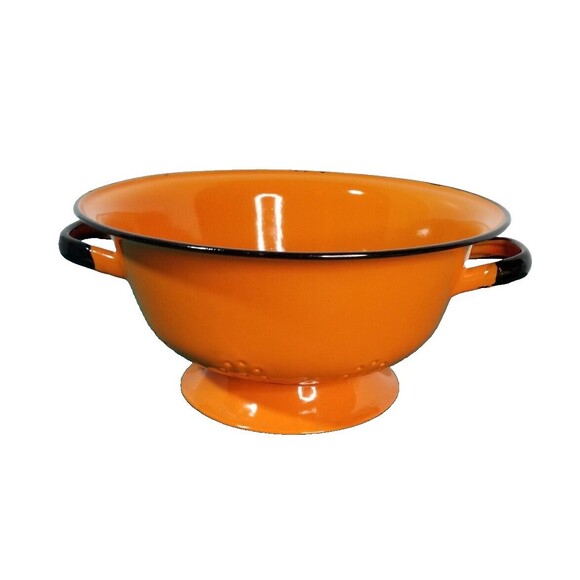 Vintage 1960s Huta Silesia Orange Colander Enamelware Strainer Black Trim